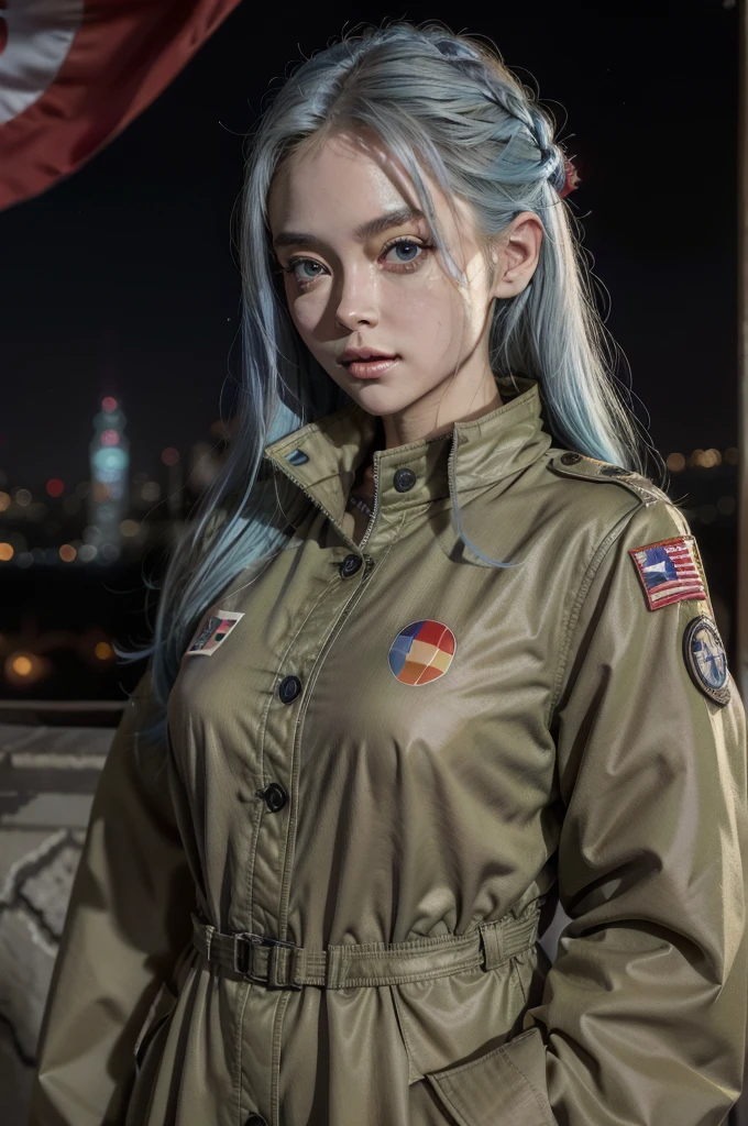 A futuristic world,A perfect illustration of Artificial Intelligence,After 5143, 8K, extremely detaild , perfect，hyper-detailed face， de 16 anos，Eight-headed body，Silky light blue hair，Bitgirl，Background to the near future，During night combat，ssmile，Dress Type，((Wear a khaki military jacket,Troop jacket with Japanese flag emblems))、Full ar、(((The world of Bladenanner)))、ruins