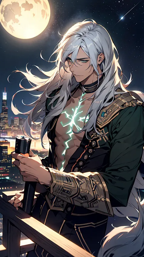 1young man, solo, male photo, beautiful eyes,anatomically correct,upper body, gray hair, long hair, green eyes, starry sky,night...