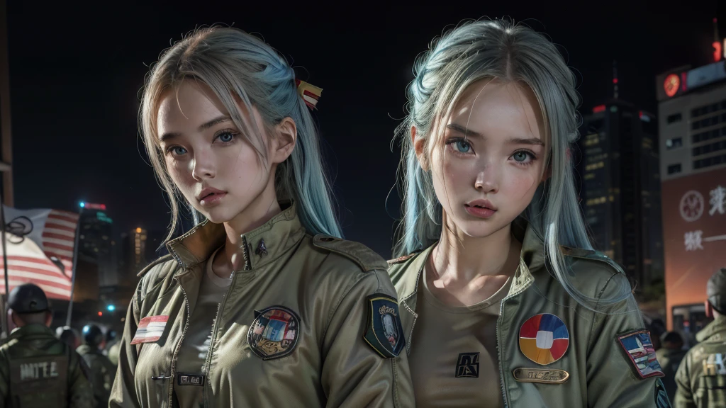 A futuristic world,A perfect illustration of Artificial Intelligence,After 5143, 8K, extremely detaild , perfect，hyper-detailed face， de 16 anos，Eight-headed body，Silky light blue hair，Bitgirl，Background to the near future，During night combat，ssmile，Dress Type，((Wear a khaki military jacket,Troop jacket with Japanese flag emblems))、Full ar、(((The world of Bladenanner)))、ruins