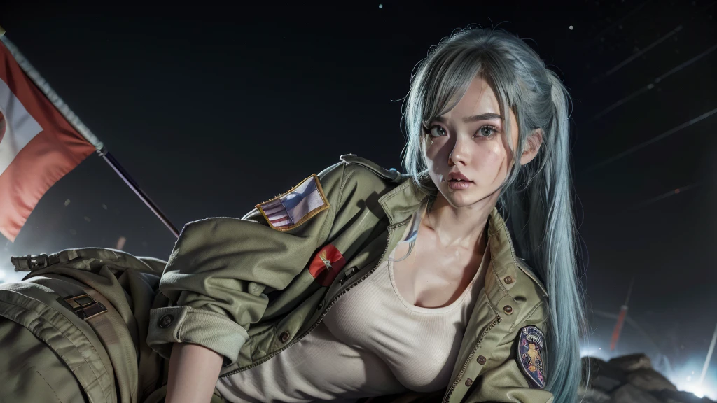 A futuristic world,A perfect illustration of Artificial Intelligence,After 5143, 8K, extremely detaild , perfect，hyper-detailed face， de 16 anos，Eight-headed body，Silky light blue hair，Bitgirl，Background to the near future，During night combat，ssmile，Dress Type，((Wear a khaki military jacket,Troop jacket with Japanese flag emblems))、Full ar、(((The world of Bladenanner)))、ruins