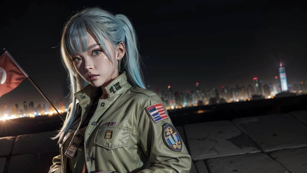 A futuristic world,A perfect illustration of Artificial Intelligence,After 5143, 8K, extremely detaild , perfect，hyper-detailed face， de 16 anos，Eight-headed body，Silky light blue hair，Bitgirl，Background to the near future，During night combat，ssmile，Dress Type，((Wear a khaki military jacket,Troop jacket with Japanese flag emblems))、Full ar、(((The world of Bladenanner)))、ruins