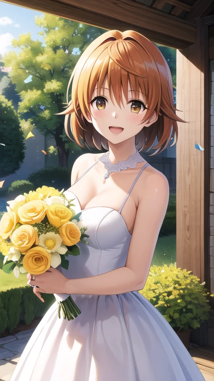 masterpiece, best quality, highres, aariko, short hair, brown eyes, wedding dress, garden, holding bouquet, smile, open mouth, confetti,