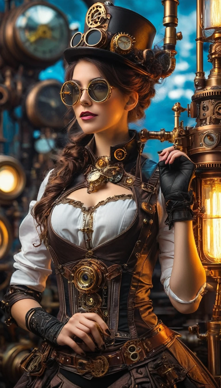 Mujer con disfraz steampunk tomando una foto, vistiendo ropa steampunk, fantasía steampunk style, (steampunk), una hermosa diosa steampunk, Mujer hermosa steampunk, steampunk Girl, steampunk style, fantasía steampunk, steampunk, Chica inventora de steampunk, steampunk dorado, steampunc, steampunc, ambientado en un mundo steampunk, Concepto vívido steampunk