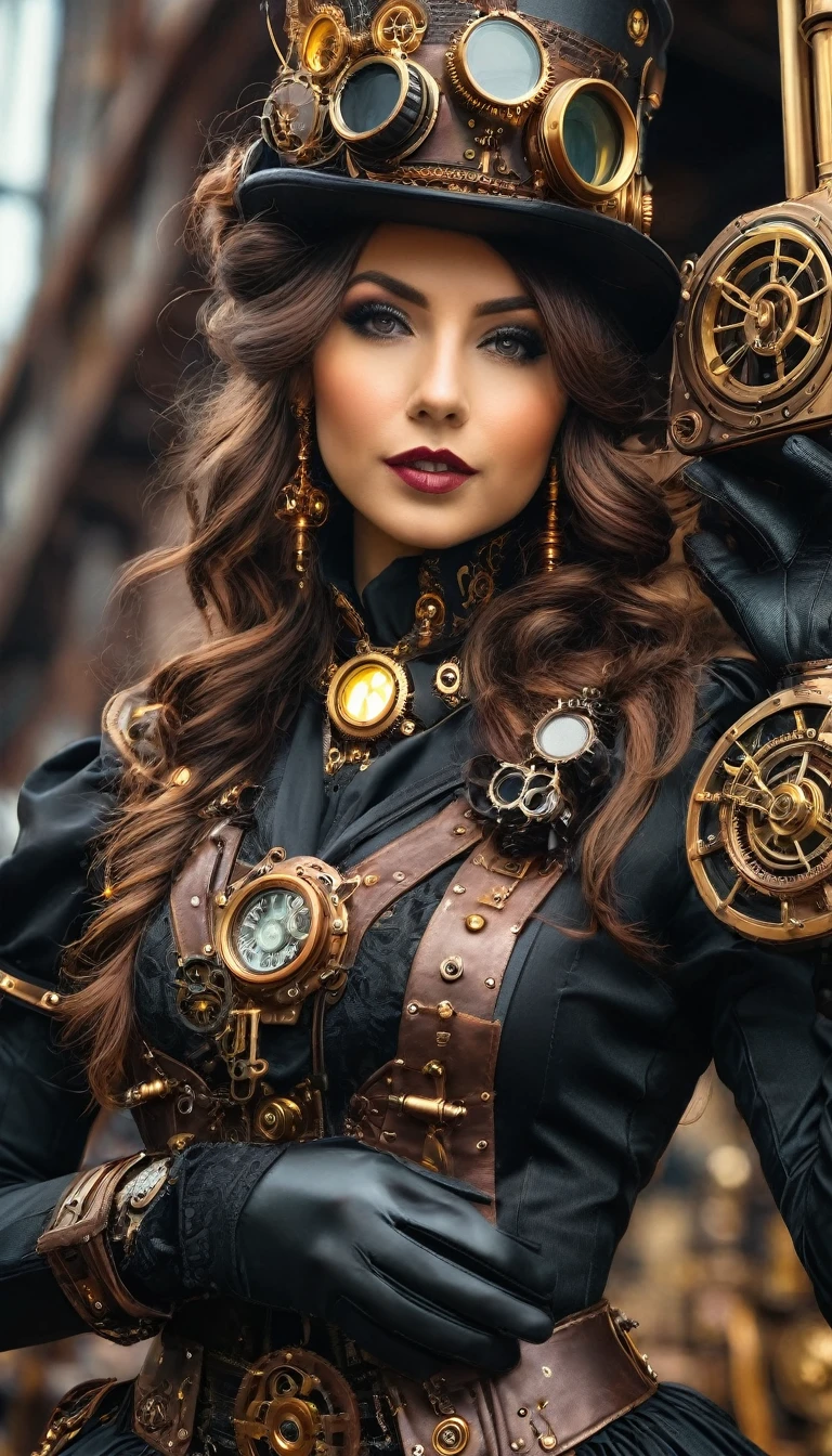 Frau im Steampunk-Kostüm macht Foto, Steampunk-Kleidung tragen, steampunk fantasy style, (Steampunk), eine wunderschöne Steampunk-Göttin, Steampunk-schöne Frau, Steampunk Girl, Steampunk style, steampunk fantasy, Steampunk, Steampunk-Erfindermädchen, golden steampunk, Dampfstempel, Dampfstempel, Set in a steampunk world, Lebendiges Steampunk-Konzept