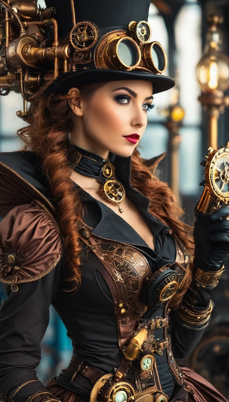 Mujer con disfraz steampunk tomando una foto, vistiendo ropa steampunk, fantasía steampunk style, (steampunk), una hermosa diosa steampunk, Mujer hermosa steampunk, steampunk Girl, steampunk style, fantasía steampunk, steampunk, Chica inventora de steampunk, steampunk dorado, steampunc, steampunc, ambientado en un mundo steampunk, Concepto vívido steampunk