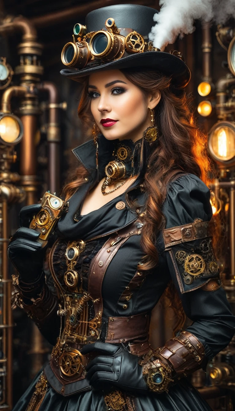 Mujer con disfraz steampunk tomando una foto, vistiendo ropa steampunk, fantasía steampunk style, (steampunk), una hermosa diosa steampunk, Mujer hermosa steampunk, steampunk Girl, steampunk style, fantasía steampunk, steampunk, Chica inventora de steampunk, steampunk dorado, steampunc, steampunc, ambientado en un mundo steampunk, Concepto vívido steampunk