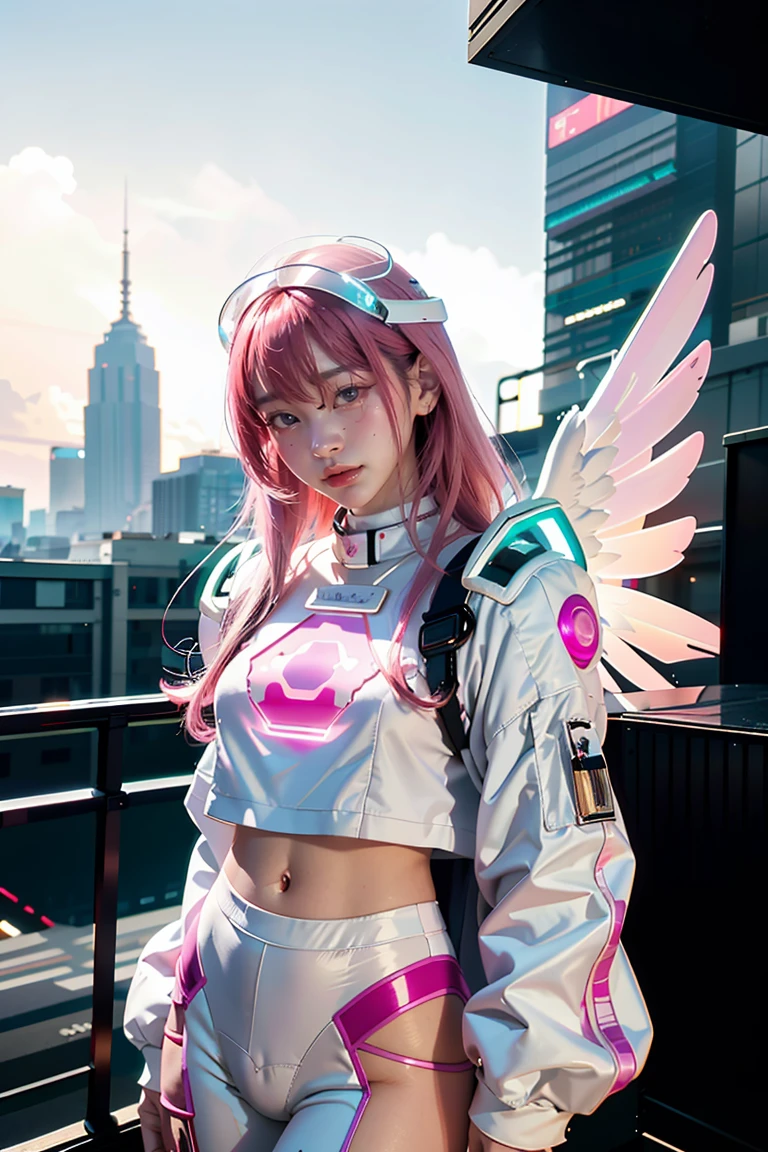 ((masterpiece, best quality, extremely detailed), volumetric lighting, ambient occlusion, colorful, glowing), 
1girl, solo, young girl, (pink hair), long hair, halo, aura, sacred, godness, cyber suit, (white outfit:1.3), android, bot, angel wings,
outdoors, sunset, sky, clouds, space, (cyberpunk theme:1.2),