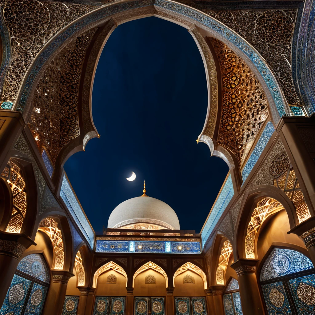 Beautiful arabesque ceiling、Mosque、interior、Super detailed photos、Perspective angle、Night view with the moon