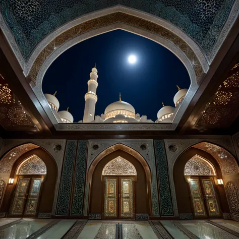 beautiful arabesque ceiling、mosque、interior、super detailed photos、perspective angle、night view with the moon