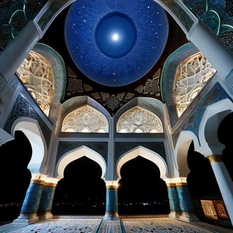 beautiful arabesque ceiling、mosque、interior、super detailed photos、perspective angle、night view with the moon