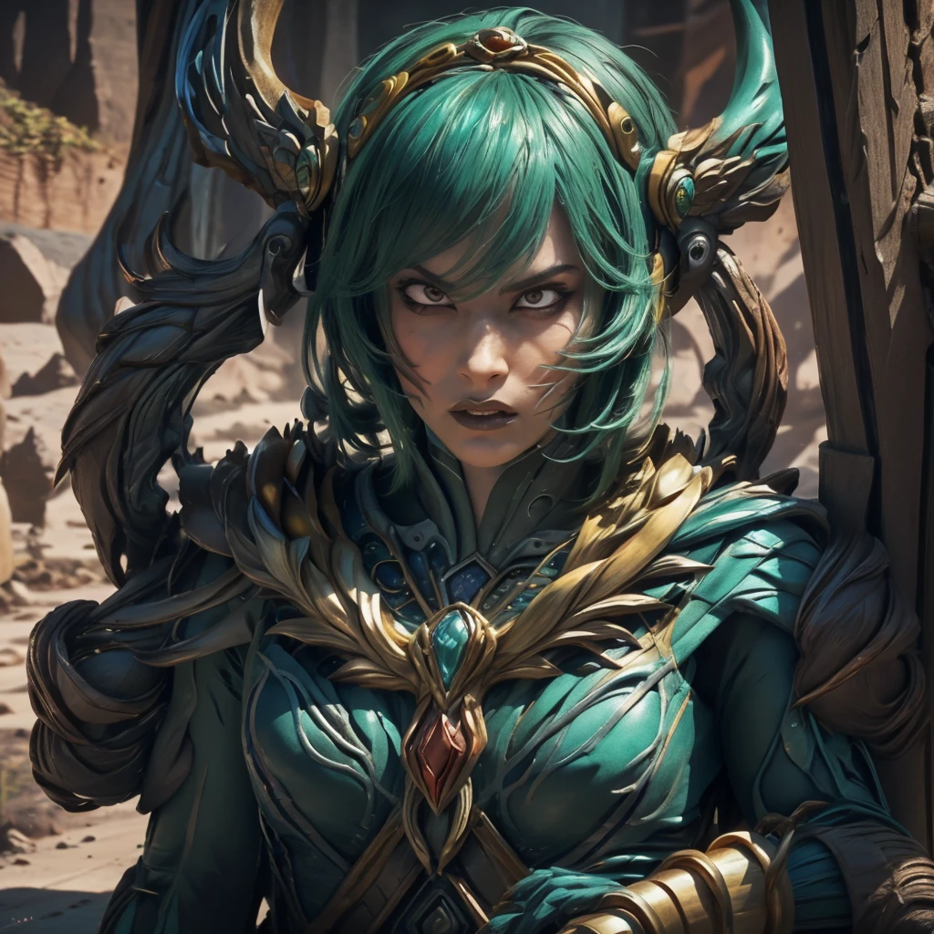 A detailed portrait of Rita Repulsa, the villain from Power Rangers, with her signature green face, sharp features, and menacing expression. (best quality, 4k, highres, masterpiece:1.2), detailed face and eyes, evil expression, realistic facial details, dark and dramatic lighting, intense and vibrant colors, fantasy concept art, elaborate headpiece and robes, textured and weathered materials, greenish color tones.