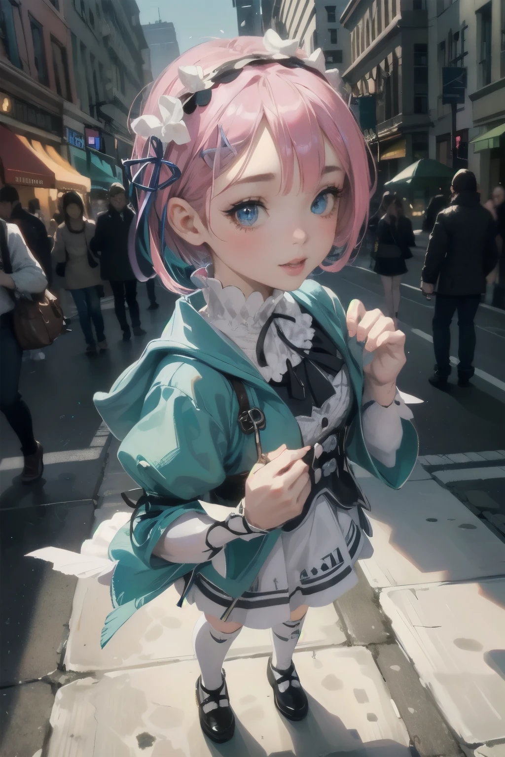 beautiful detailed eyes, beautiful detailed lips, extremely detailed eyes and face, long eyelashes, 1girl, chibi, kawaii, cute, , photo-realistic, hyperrealistic, street fashion, cosplay, rem from re:zero, full body, smiling, fantasy, fantasy art, digital painting, cinematic lighting, dramatic lighting, vibrant colors, highly detailed, sharp focus, volumetric lighting, photorealistic, 8k, best quality, masterpiece