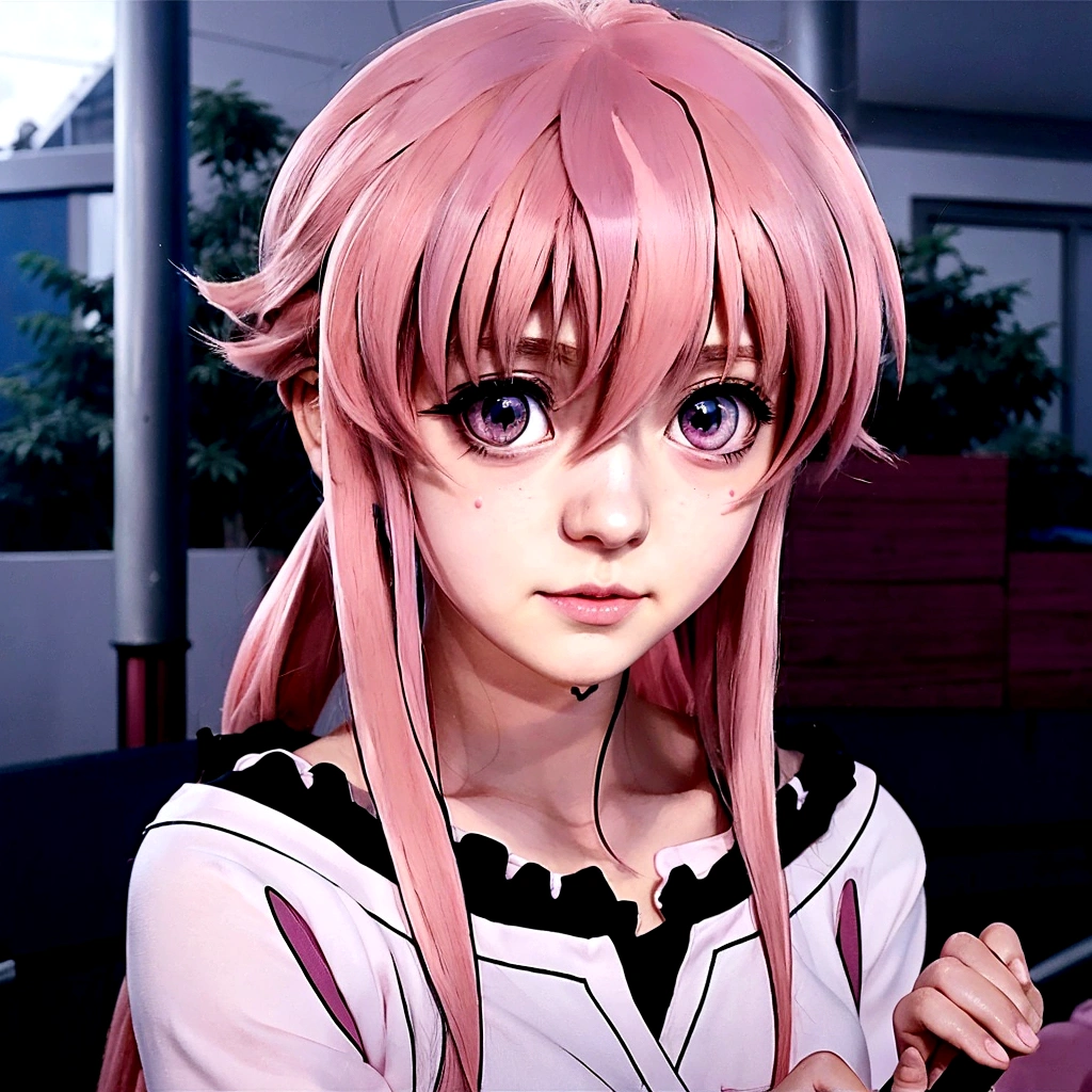 Anime girl with pink hair and pink eyes holding a cell phone., Gasai Yuno, Gasai Yuno, Gasai Yuno, Gasai Yuno, Mirai Nikki, female cartoon character, Chica anime llamada Gasai Yuno, anime visual of a young woman, Gasai Yuno, in the anime movie, mirai nikki&#39;s style., cartoon character