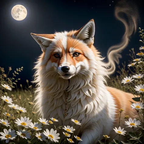 Splash art, luminism, fantasy acrylic, digital painting, majestic fox. Magical fantasy white fox closeup, magical creature made ...