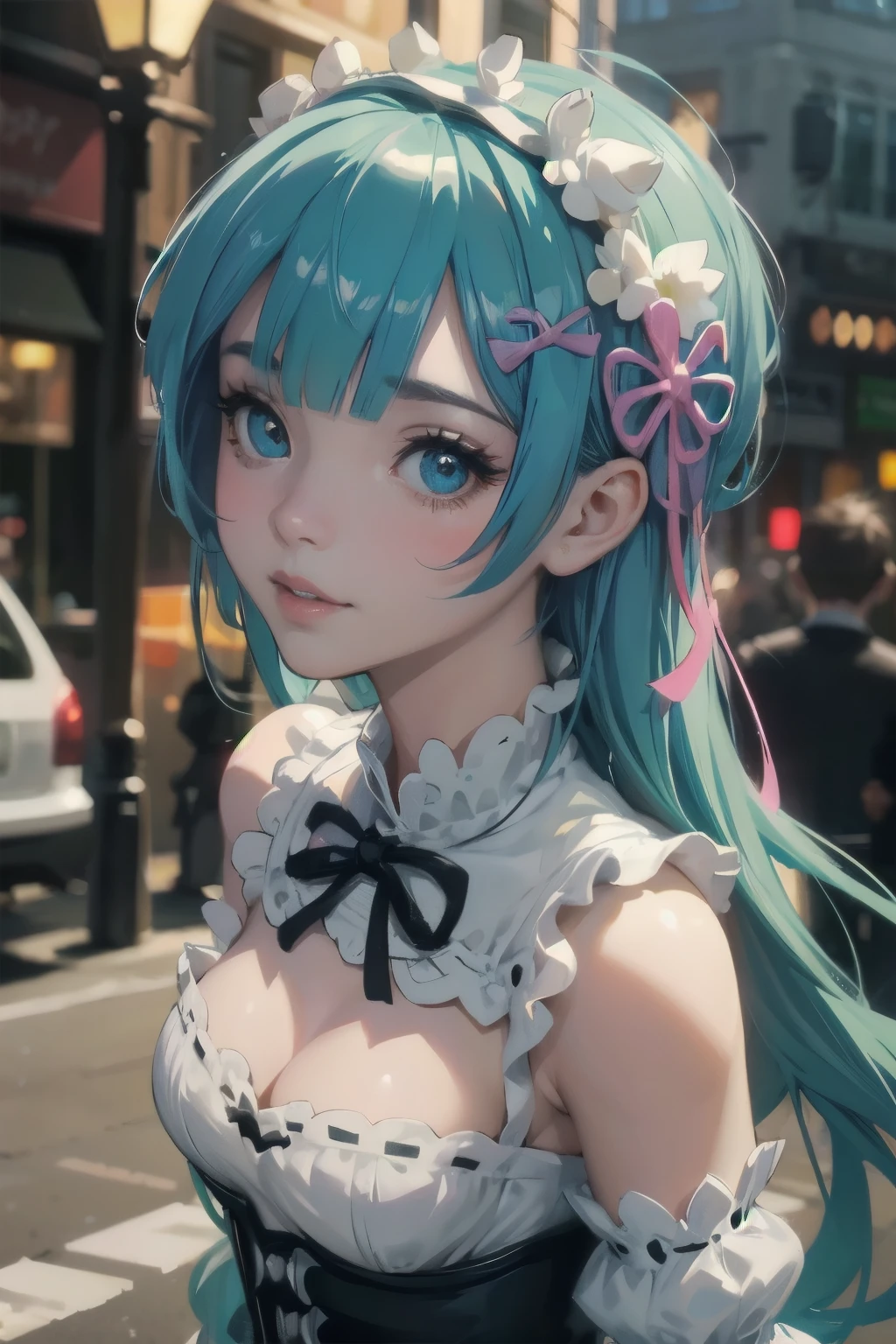 beautiful detailed eyes, beautiful detailed lips, extremely detailed eyes and face, long eyelashes, 1girl, chibi, kawaii, cute, , photo-realistic, hyperrealistic, street fashion, cosplay, rem from re:zero, full body, smiling, fantasy, fantasy art, digital painting, cinematic lighting, dramatic lighting, vibrant colors, highly detailed, sharp focus, volumetric lighting, photorealistic, 8k, best quality, masterpiece