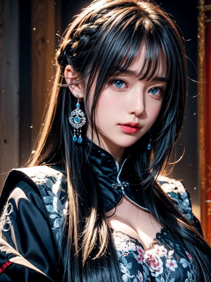 vibrant colors, female, masterpiece, sharp focus, best quality, depth of field, cinematic lighting, white hair, red eyes, braid, dress, long hair, red eyes, tattoo, earrings, jewelry, black dress, hair ornament, bangs, chinese clothes, breasts, china dress, sleeveless, 