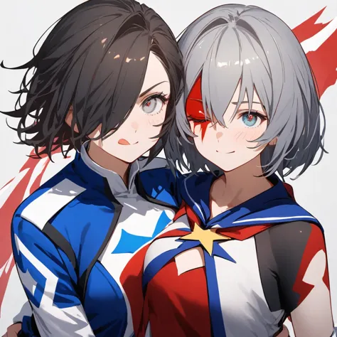 female gender, short hair and one side painted red and the other white,one eye gray and the other blue, and a hero uniform