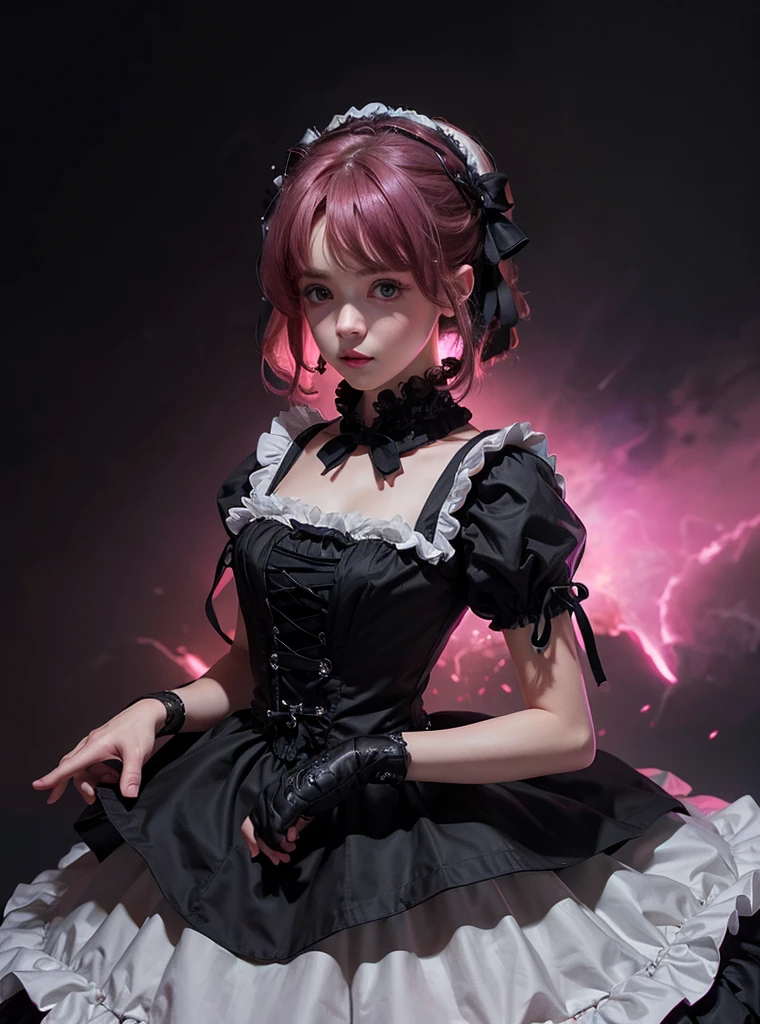 Uma linda garota,magenta hair,olhando para o espectador,de pé,(Muito detalhado: 1.3),ultra realistic,HDR,(dinâmica de alto alcance),8K CRU,(((1 garota))),(((Usando vestido lolita))),(((fundo preto))),obra de arte,melhor qualidade,Proporções perfeitas