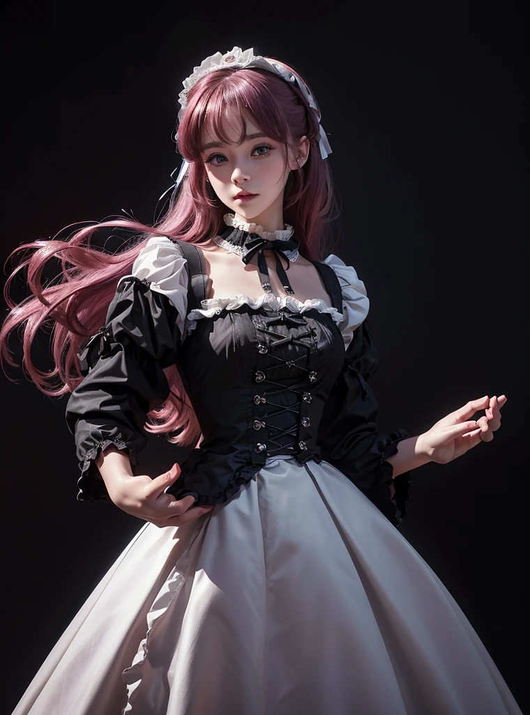 a beautiful girl,magenta hair,looking at the viewer,standing,happy face,(Very Detailed: 1.3),ultra realistic,HDR,(High Dynamic Range),8K RAW,(((1GIRL))),(((wearing lolita dress))),(((black background))),masterpiece,best quality,perfect proportions