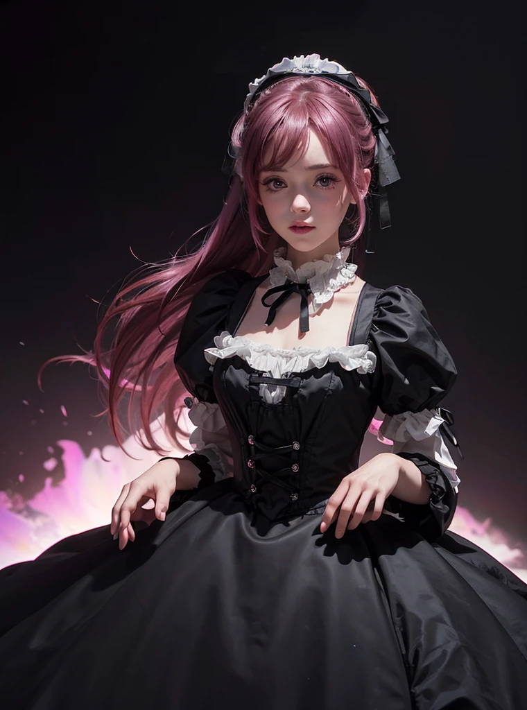 Uma linda garota,magenta hair,olhando para o espectador,de pé,cara feliz,(Muito detalhado: 1.3),ultra realistic,HDR,(dinâmica de alto alcance),8K CRU,(((1 garota))),(((Usando vestido lolita))),(((fundo preto))),obra de arte,melhor qualidade,Proporções perfeitas