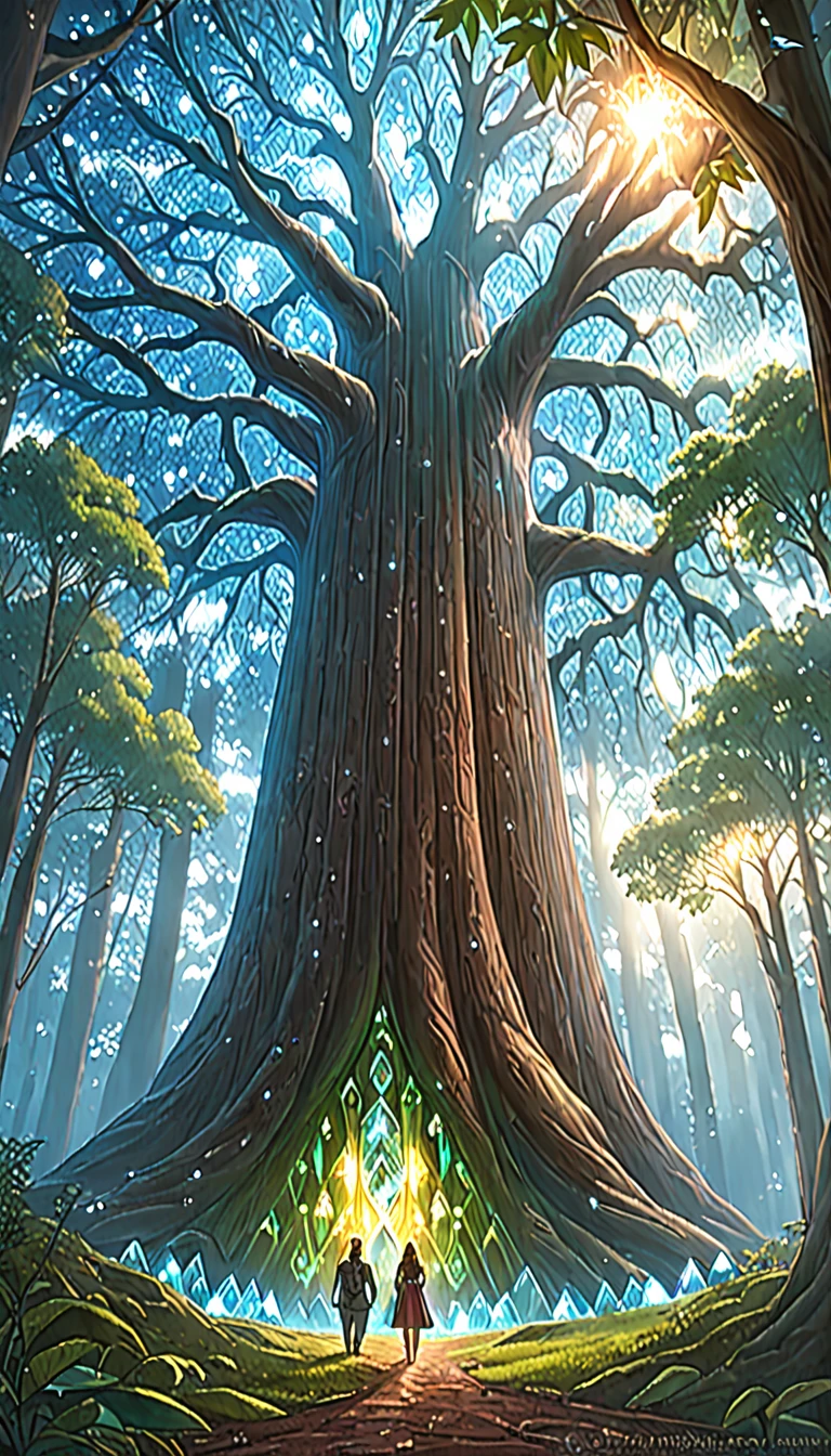 Illustration of a realistic , otherworldly, ultra sky scene featuring a giant crystal tree full body,very detailed and magical lighting, intricate forest details, vegetation and river around, solarpunk ,landscape, giant tree, beautiful leafy with beautiful lighting and realistic proportions, as if it were a cinematic background, 16k, highest quality, masterpiece, clouds and stars in the sky.pixal quality FHD _ 16k hyper datailed 
