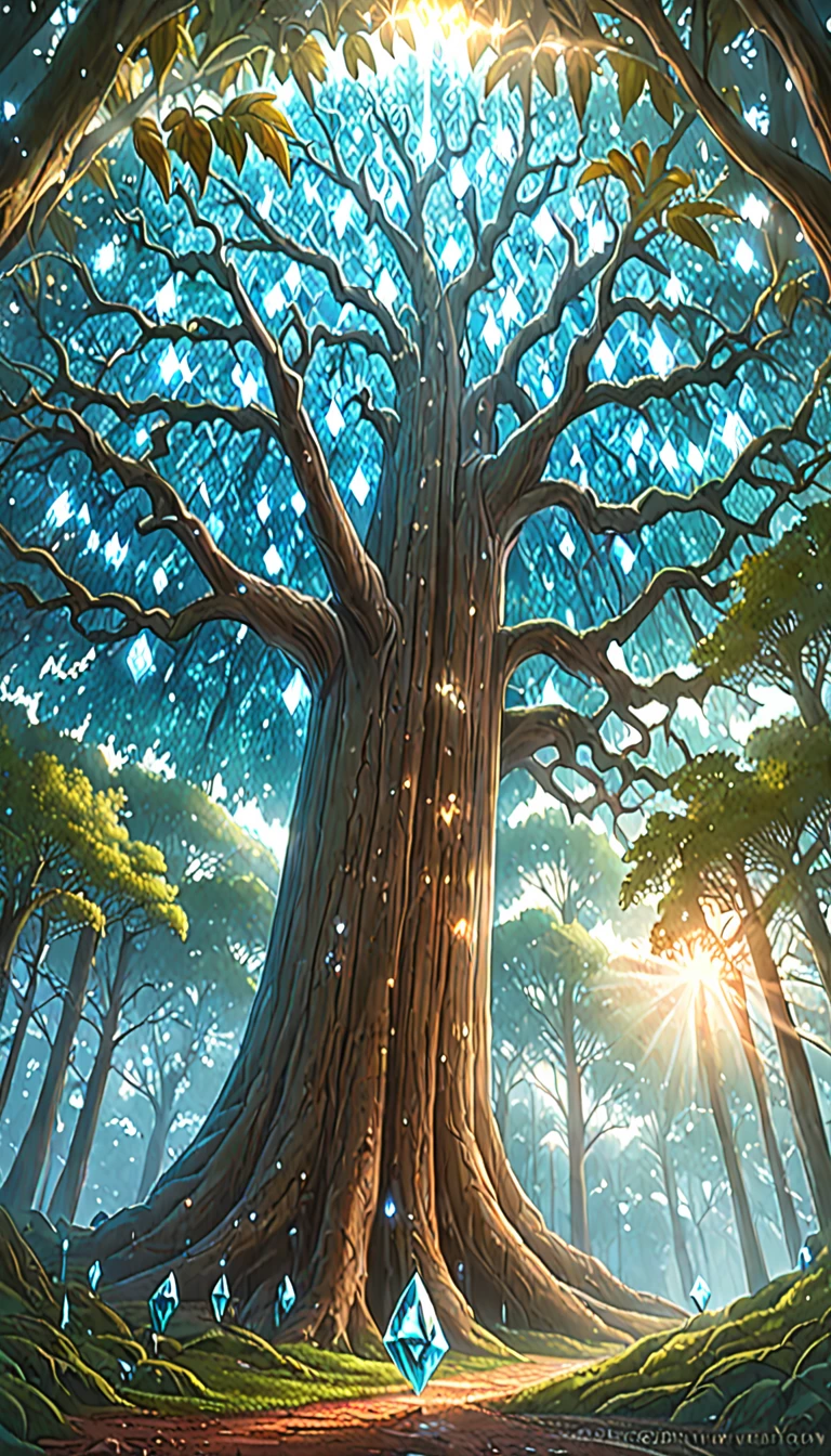 Ilustração de um realista , sobrenatural, cena ultra sky apresentando uma árvore gigante de cristal de corpo inteiro,Iluminação muito detalhada e mágica, detalhes intrincados da floresta, vegetação e rio ao redor, solarpunk ,paisagem, árvore gigante, Frondoso bonito com bela iluminação e proporções realistas, como se fosse um fundo cinematográfico, 16k, mais alta qualidade, obra de arte, Nuvens e estrelas no céu.qualidade de pixel FHD _ 16k hiper detalhado 