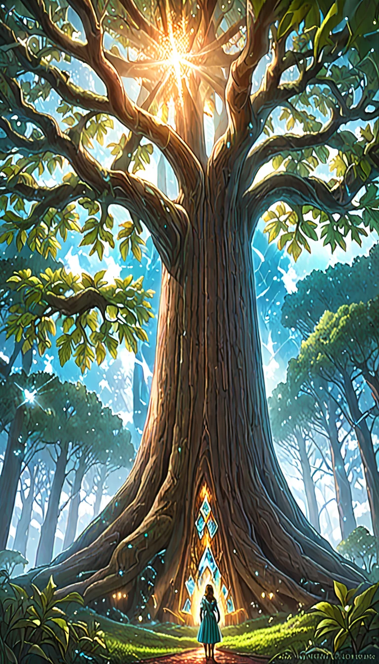 Illustration of a realistic , otherworldly, ultra sky scene featuring a giant crystal tree full body,very detailed and magical lighting, intricate forest details, vegetation and river around, solarpunk ,landscape, giant tree, beautiful leafy with beautiful lighting and realistic proportions, as if it were a cinematic background, 16k, highest quality, masterpiece, clouds and stars in the sky.pixal quality FHD _ 16k hyper datailed 