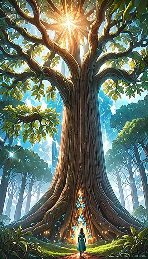 Illustration of a realistic , otherworldly, ultra sky scene featuring a giant crystal tree full body,very detailed and magical l...