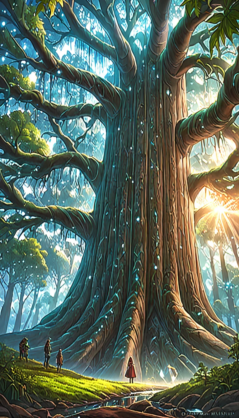 Illustration of a realistic , otherworldly, ultra sky scene featuring a giant crystal tree full body,very detailed and magical lighting, intricate forest details, vegetation and river around, solarpunk ,landscape, giant tree, beautiful leafy with beautiful lighting and realistic proportions, as if it were a cinematic background, 16k, highest quality, masterpiece, clouds and stars in the sky.pixal quality FHD _ 16k hyper datailed 