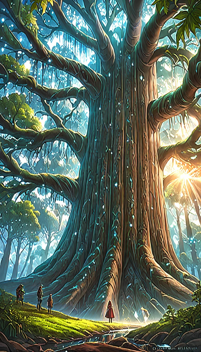 Ilustración de un , de otro mundo, Escena de Ultra Sky que presenta un árbol de cristal gigante de cuerpo entero.,Iluminación muy detallada y mágica., detalles intrincados del bosque, vegetación y río alrededor, solarpunk ,paisaje, árbol gigante, hermoso frondoso con hermosa iluminación y proporciones realistas, como si fuera un fondo cinematográfico, 16k, de la máxima calidad, obra maestra, nubes y estrellas en el cielo.calidad de píxeles FHD _ 16k hyper datailed 