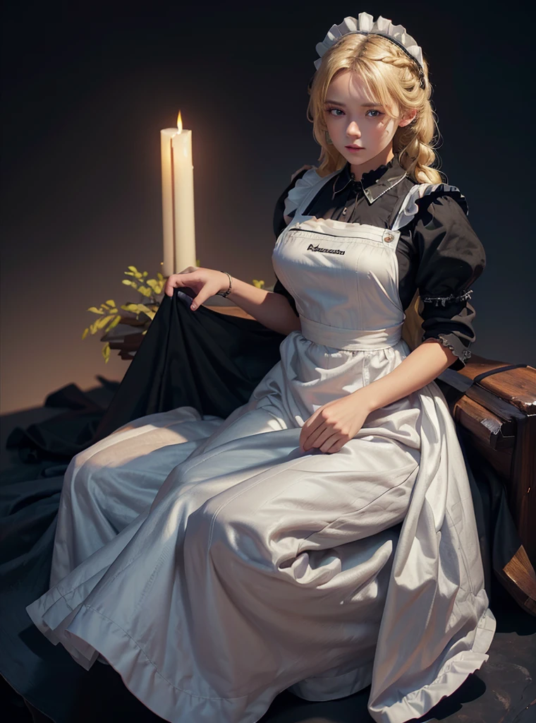 a beautiful girl,blonde braids hair,looking at the viewer,standing,(Very Detailed: 1.3),ultra realistic,HDR,(High Dynamic Range),8K RAW,(((1GIRL))),(((wearing maid dress))),(((black background))),masterpiece,best quality,perfect proportions