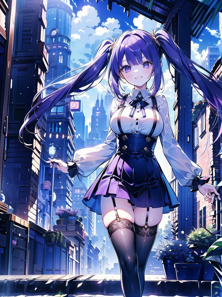 (masterpiece), (HDR), absurdres, (best quality), (ultra high quality), (hi-res), (1girl), (pastel purple eyes), beautiful detailed eyes, detailed eyes, teen, ((dark purple hair)), bangs, short side locks, (big thick twintails), (long straight hair), ((two gold hair ties)), (medium breast), skirt with suspenders straps, white, collared shirt, ruffles, sleeve cuffs, ((black thighhighs)), (zettai ryouiki), (thin waist), ((thigh gap)), (happy expression), (smile with teeth), cute, (looking at viewer), bend at waist, walking, in the city, outside, buildings, sidewalk, daytime, sunlight on face, noon, bright sun, city scenery, crosswalk, birds