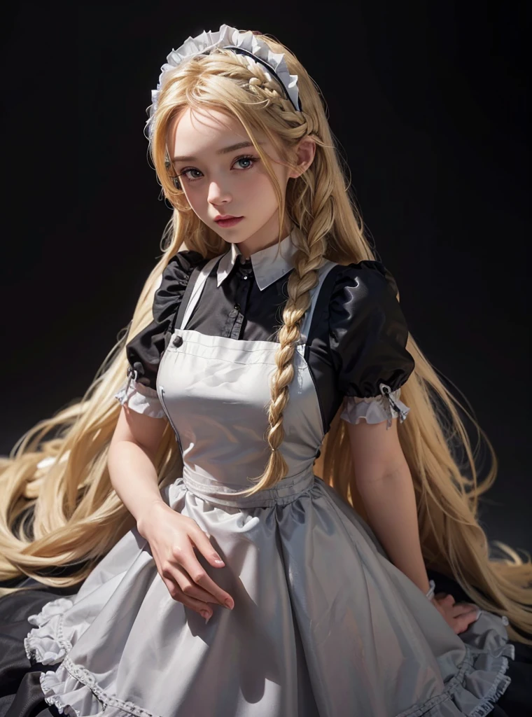 a beautiful girl,blonde braids hair,looking at the viewer,standing,(Very Detailed: 1.3),ultra realistic,HDR,(High Dynamic Range),8K RAW,(((1GIRL))),(((wearing maid dress))),(((black background))),masterpiece,best quality,perfect proportions