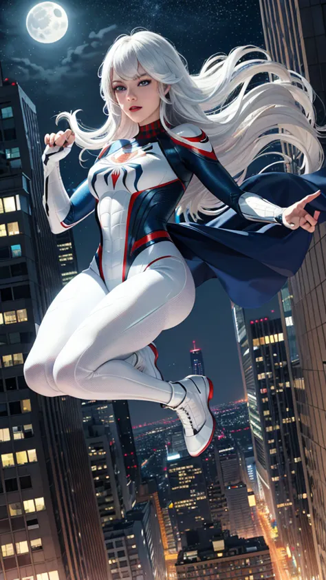 (masterpiece, 4k resolution, ultra-realistic, very detailed), (white superhero theme, charismatic, there's a girl on top of town...