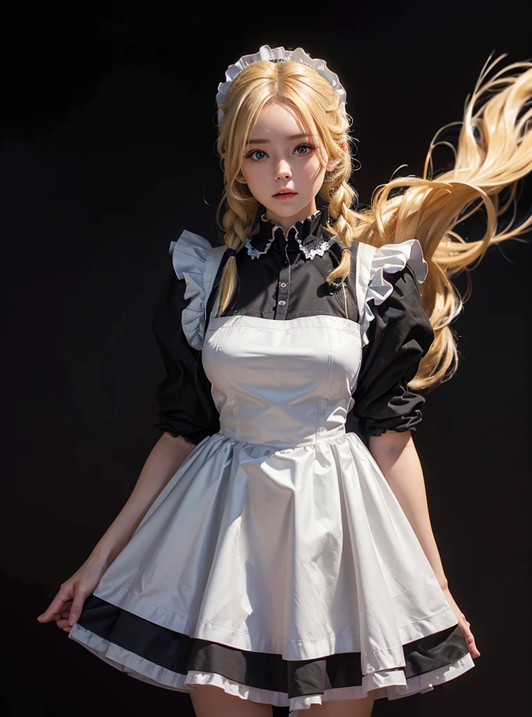 a beautiful girl,blonde pigtail hair,looking at the viewer,standing,(Very Detailed: 1.3),ultra realistic,HDR,(High Dynamic Range),8K RAW,(((1GIRL))),(((wearing maid dress))),(((black background))),masterpiece,best quality,perfect proportions