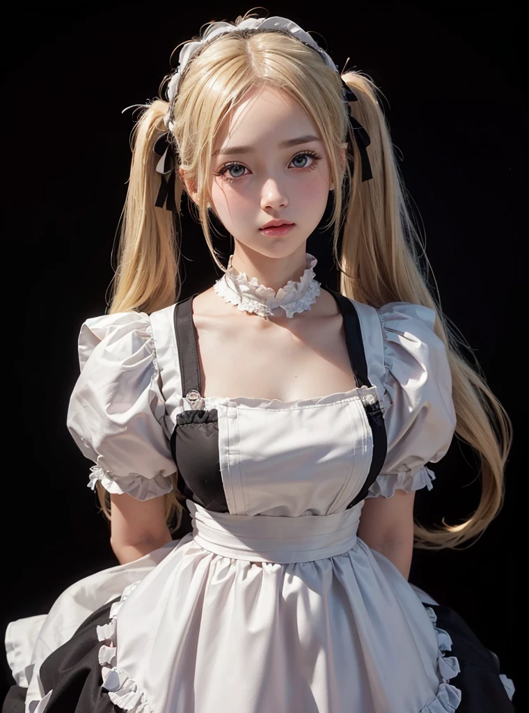 a beautiful girl,blonde pigtail hair,(((looking at the viewer))),standing,blush face,(Very Detailed: 1.3),ultra realistic,HDR,(High Dynamic Range),8K RAW,(((1GIRL))),(((wearing maid dress))),(((black background))),masterpiece,best quality,perfect proportions