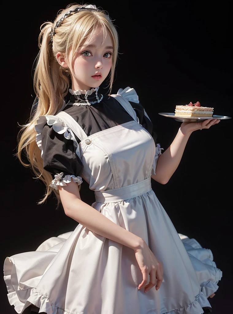 a beautiful girl,blonde pigtail hair,(((looking at the viewer))),standing,blush face,(Very Detailed: 1.3),ultra realistic,HDR,(High Dynamic Range),8K RAW,(((1GIRL))),(((wearing maid dress))),(((black background))),masterpiece,best quality,perfect proportions