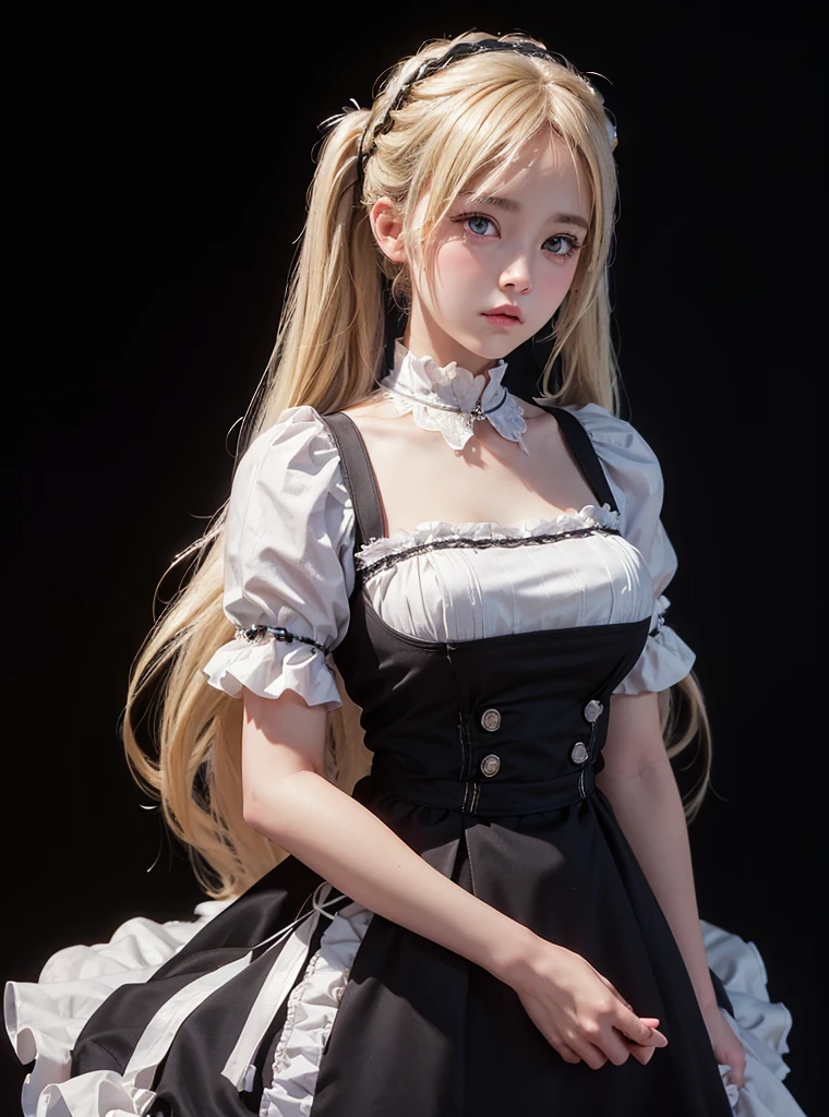 a beautiful girl,blonde pigtail hair,(((looking at the viewer))),standing,blush face,(Very Detailed: 1.3),ultra realistic,HDR,(High Dynamic Range),8K RAW,(((1GIRL))),(((wearing maid dress))),(((black background))),masterpiece,best quality,perfect proportions