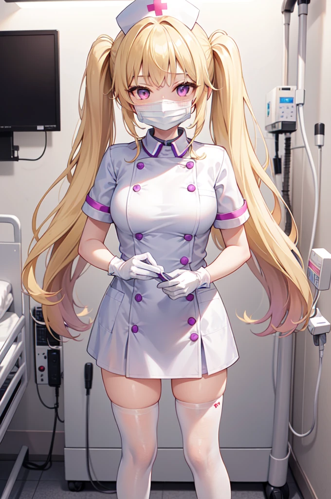 1girl, solo, nurse, nurse cap, white nurse uniform, ((white legwear, zettai ryouiki)), white gloves, twintails, yellow hair, purple eyes, ((white surgical mask, covered nose)), standing, ((hospital room)), sharp outline, short sleeves, best quality, masterpiece