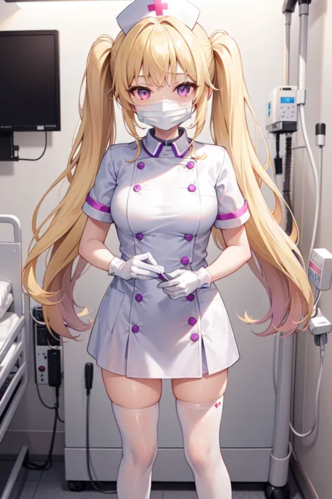 1girl, solo, nurse, nurse cap, white nurse uniform, ((white legwear, zettai ryouiki)), white gloves, twintails, yellow hair, pur...