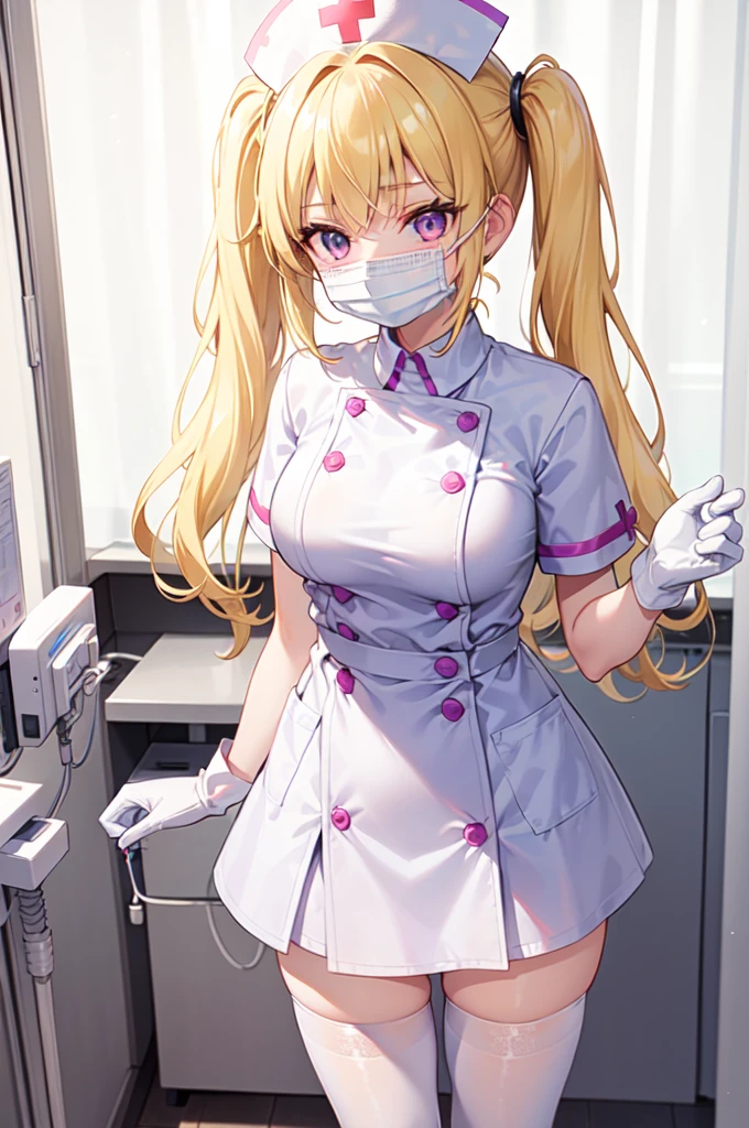 1girl, solo, nurse, nurse cap, white nurse uniform, ((white legwear, zettai ryouiki)), white gloves, twintails, yellow hair, purple eyes, ((white surgical mask, covered nose)), standing, ((hospital room)), sharp outline, short sleeves, best quality, masterpiece