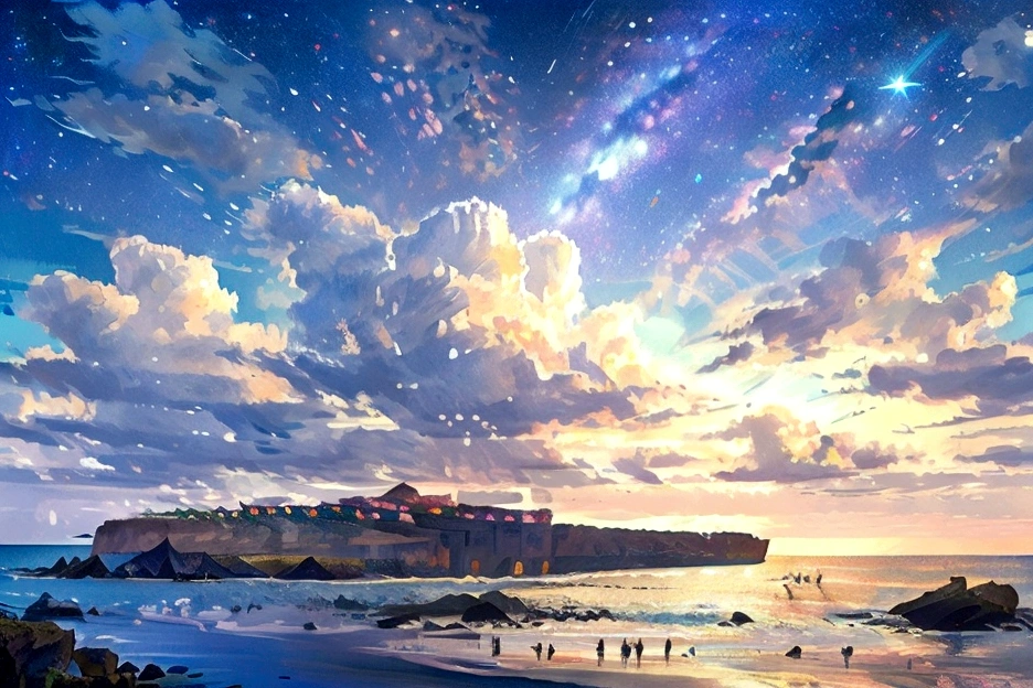 Tropical,coastal,night,Starry Sky,milky way,Glitter effect,Highest quality, 8K, High resolution, masterpiece:1.2, Very detailed, Realistic:1.37, High resolution, 超High resolution, Ultra-fine painting, Professional, Vibrant colors