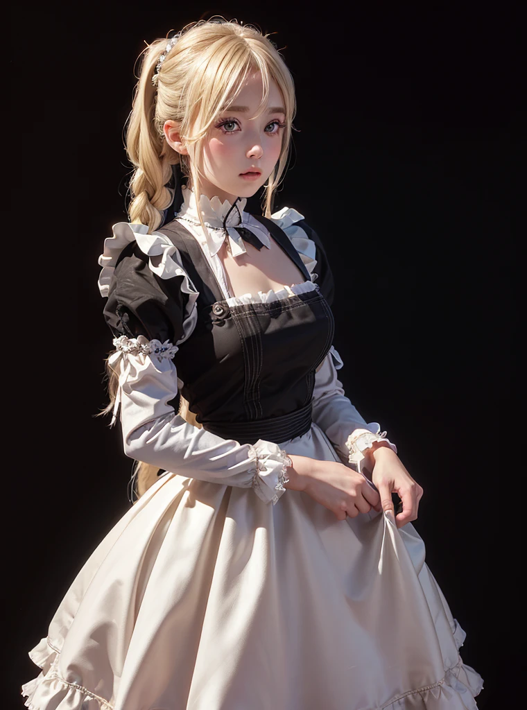 a beautiful girl,blonde pigtail hair,(((looking at the viewer))),standing,blush face,(Very Detailed: 1.3),ultra realistic,HDR,(High Dynamic Range),8K RAW,(((1GIRL))),(((wearing maid dress))),(((black background))),masterpiece,best quality,perfect proportions