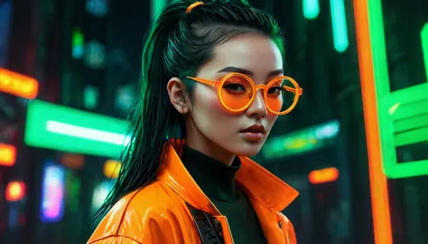 cyberpunk background，neon，a woman wearing orange and green national trend style，抱着neon，wear round glasses，high definition render...