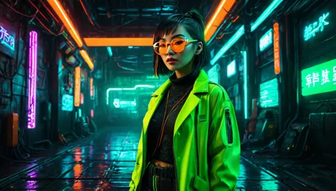 cyberpunk background，neon，a woman wearing orange and green national trend style，抱着neon，wear round glasses，high definition render...