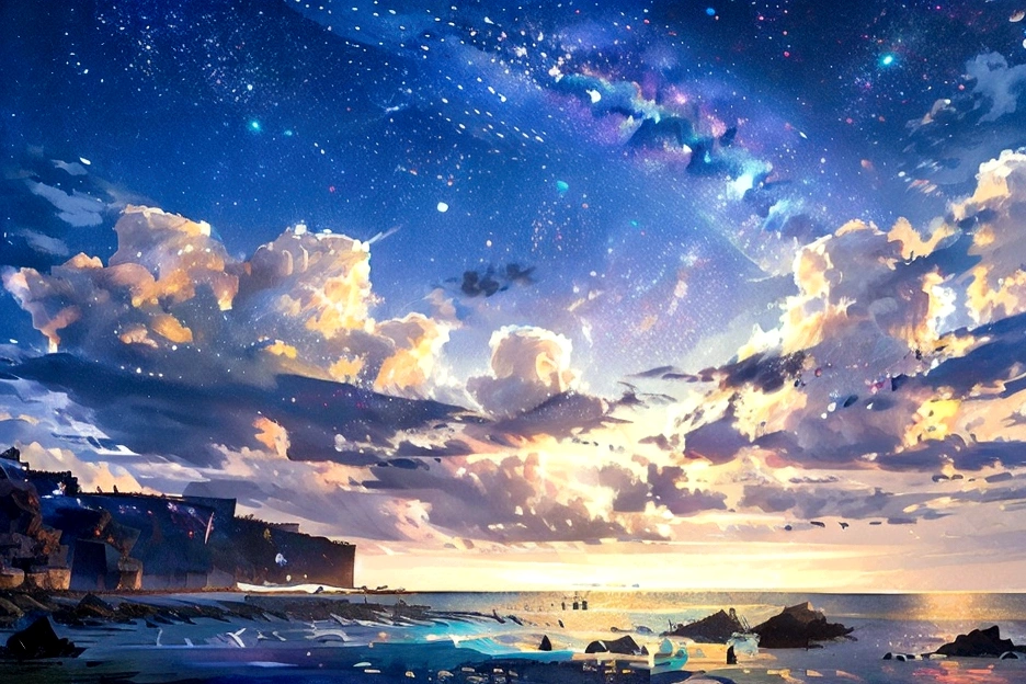 Tropical,coastal,night,Starry Sky,milky way,Glitter effect,Highest quality, 8K, High resolution, masterpiece:1.2, Very detailed, Realistic:1.37, High resolution, 超High resolution, Ultra-fine painting, Professional, Vibrant colors