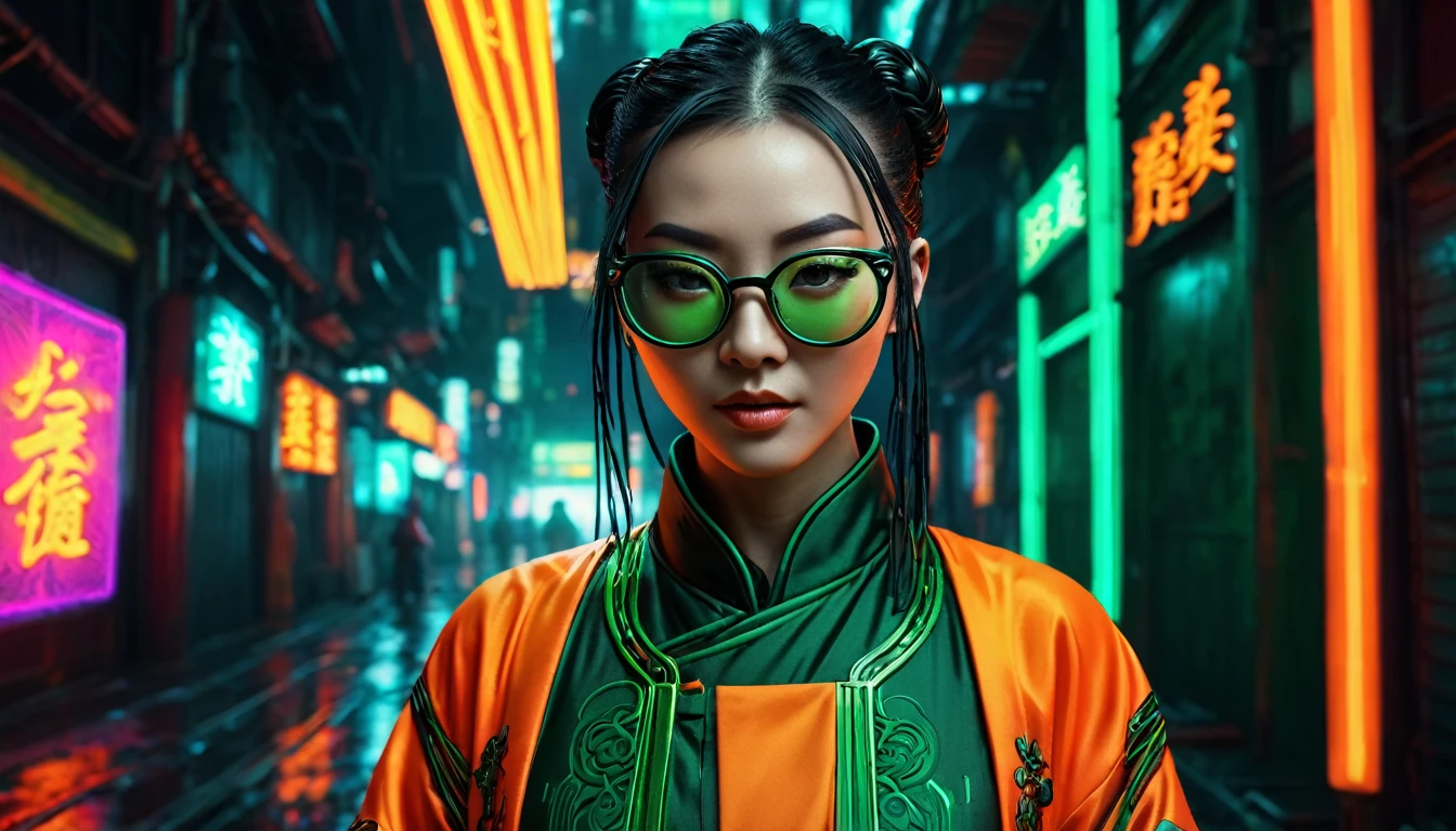 Cyberpunk Background，Neon，A woman wearing orange and dark green national style，Chinese clothing，抱着Neon，Wear round glasses，High Definition Rendering