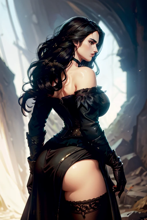 (Katie McGrath face), Generate an illustration of a young (Yennefer of Vengerberg), of Witcher 3, hair combed to sides, layered haircut, de terno preto, long hair flows to her back, hair flows straight down, black hair, Ultrarealistic Violet eyes, both eyes are similar, (big round breasts), deep cleavage, Ultrarealistic juicy round butt, thick thighs, black Corset outfit in anime format with a serious style, ((black strapless dress)), Ruby black velvet choker, grey tights, black boots, gothic make up, masterpiece, ((dark lighting)), black background, puffy lips,slendered toned abs, beautiful face
