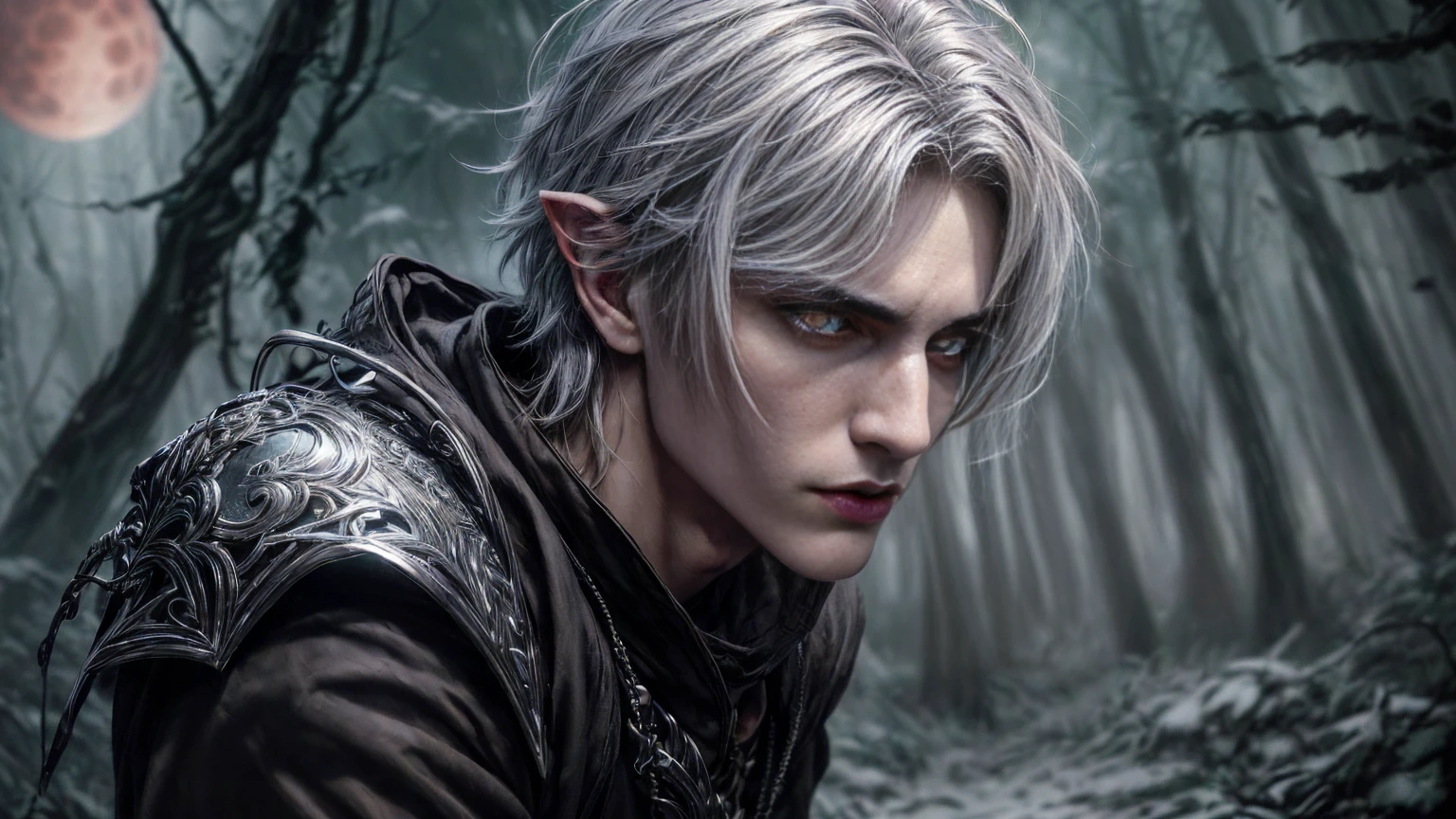 ((masterpiece, hyper realistic,32k,extremely detailed CG unity 8k, best quality, realistic face, solo, canon50, photorealistic, concept art, intricate details, highly detailed, octane render, unreal engine, fantastic-art))
((1 male elf)), ((solo))
landscape ((full shot:1)), ((full body:1.6))
The detailed background is the dark forest, blood moon clearly in the night sky, bats flying in the air in the background, Sally Mann, HDR, (masterpiece:1.3), at the steampunk world fair, Forests, analog, caves, (masterpiece:1.2), athletic face, sky, Vincent Callebaut, (low key), artstation, film grainy, representational, Depth of Field, (Antonio Moro), color, soft lighting, side view:1, by Greg Rutkowski, front view:1, ((dark forest:1.5)), ((blood moon:1.5))
Dark elf assasin sitting on a rock in the dark forest, ((musesing face:1)), ((1 man, 25 years old, close-up, perfect eyes, detailed eyes, high quality eyes, perfect_face, high quality face, grey skin:1.5, grey face:1.5, white eyes:1.5, glowing eyes:1.5)), (((medium pointy ears, silver hair, ((short hair)), perfect hands))), ((assasin, wearing extremely intricate assasin hood, wearing a light silver armor, armor with extremely delicate pattern, light silver armor, very light shoulder armor, gauntlet, gloves, boots, battle armor)) ((assasin)), looking at viewer, ((clenched fist:1)), ((dagger equiped:1)), ((mask))
extremely detailed eyes, demon eyes, expresfull eyes, eyes shadow (opened_eyes:1.2)
man muscle body, perfect arms, detailed fingers, ((tall:1.2))
((gothichorrorai forest:1)) (wearing DeathKnight amor:0.75)