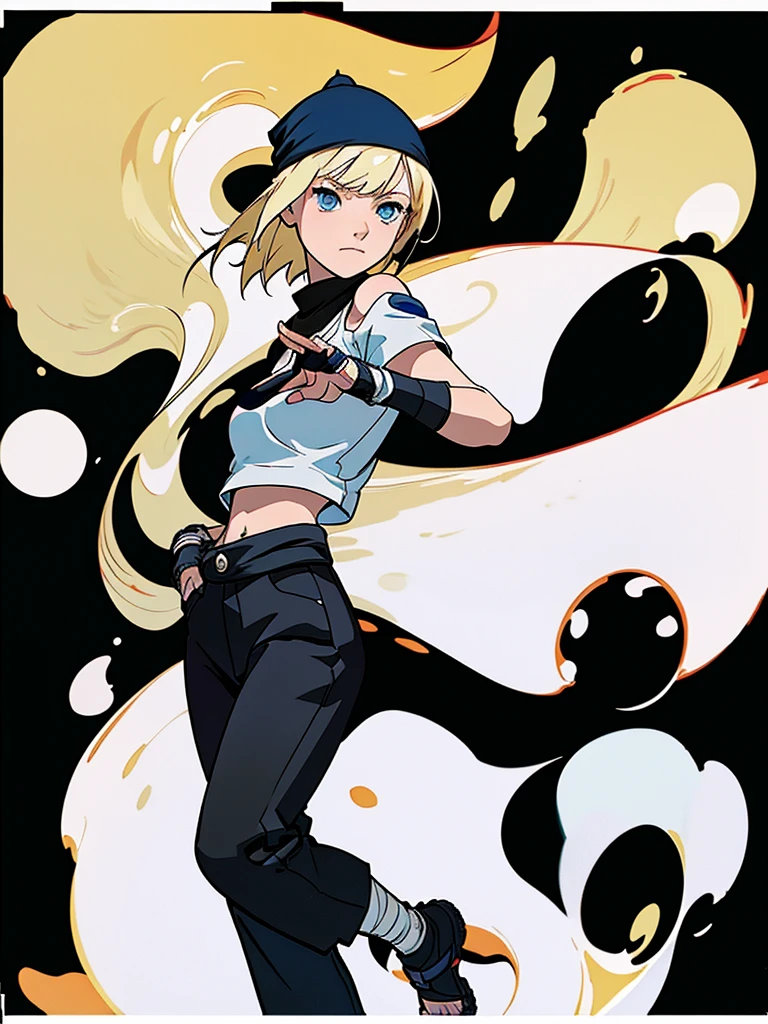 young girl, Blonde, blue eyes, bangs, short shoulder length hair, makeup, big breasts, small waist, flat stomach, Wide hips, big thighs, ninja, loose black pants below the waist, foot bandages, white cropped t-shirt, short sleeves, gloves, ninja style, konoha bandana on the waist, Leaf Village, stop looking at the village, perfect lighting, detailed shadows, high quality, HD, 4k, Masterpiece